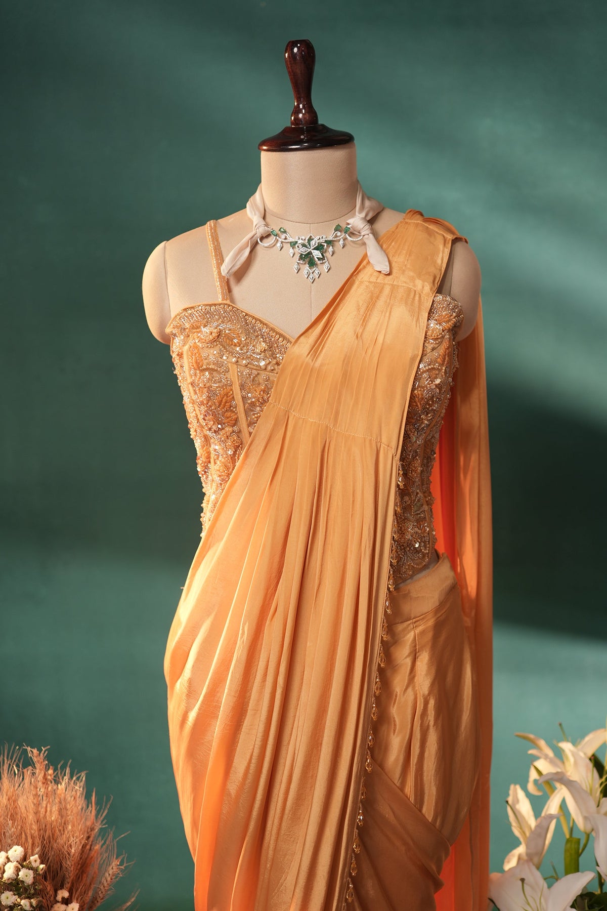 Yellow Crepe Silk Readymade Saree with Corset - yellow silk saree