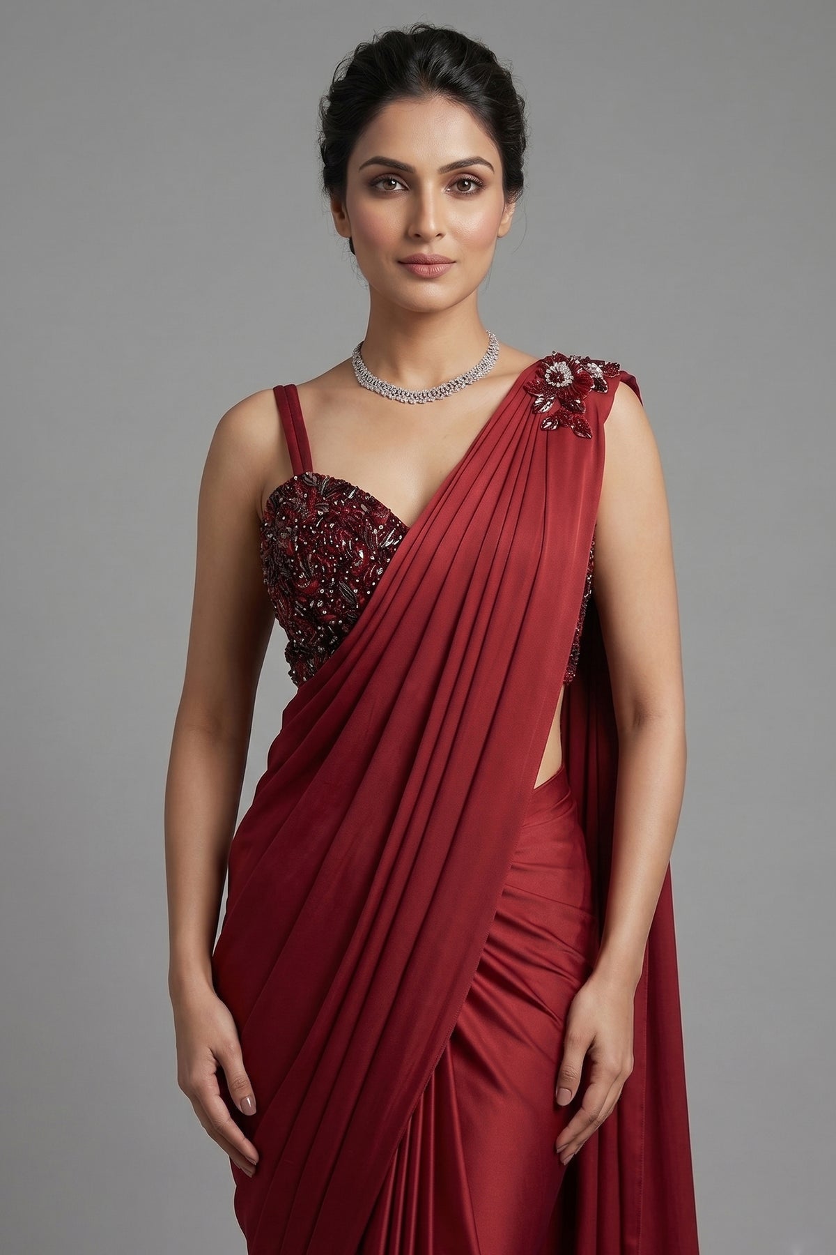 Red Lycra Net Pre Draped Saree with Embellished Blouse - red net saree