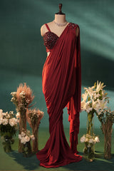 Red Lycra Net Pre Draped Saree with Embellished Blouse
