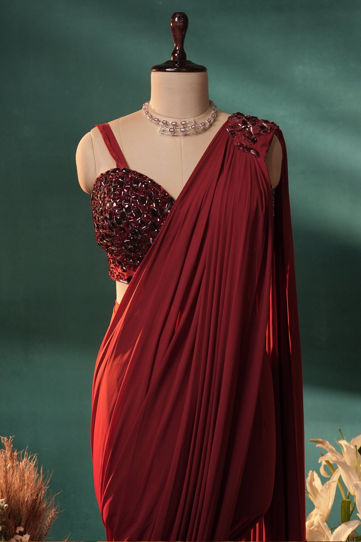 Red Lycra Net Pre Draped Saree with Embellished Blouse - red net saree