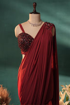 Red Lycra Net Pre Draped Saree with Embellished Blouse - red net saree