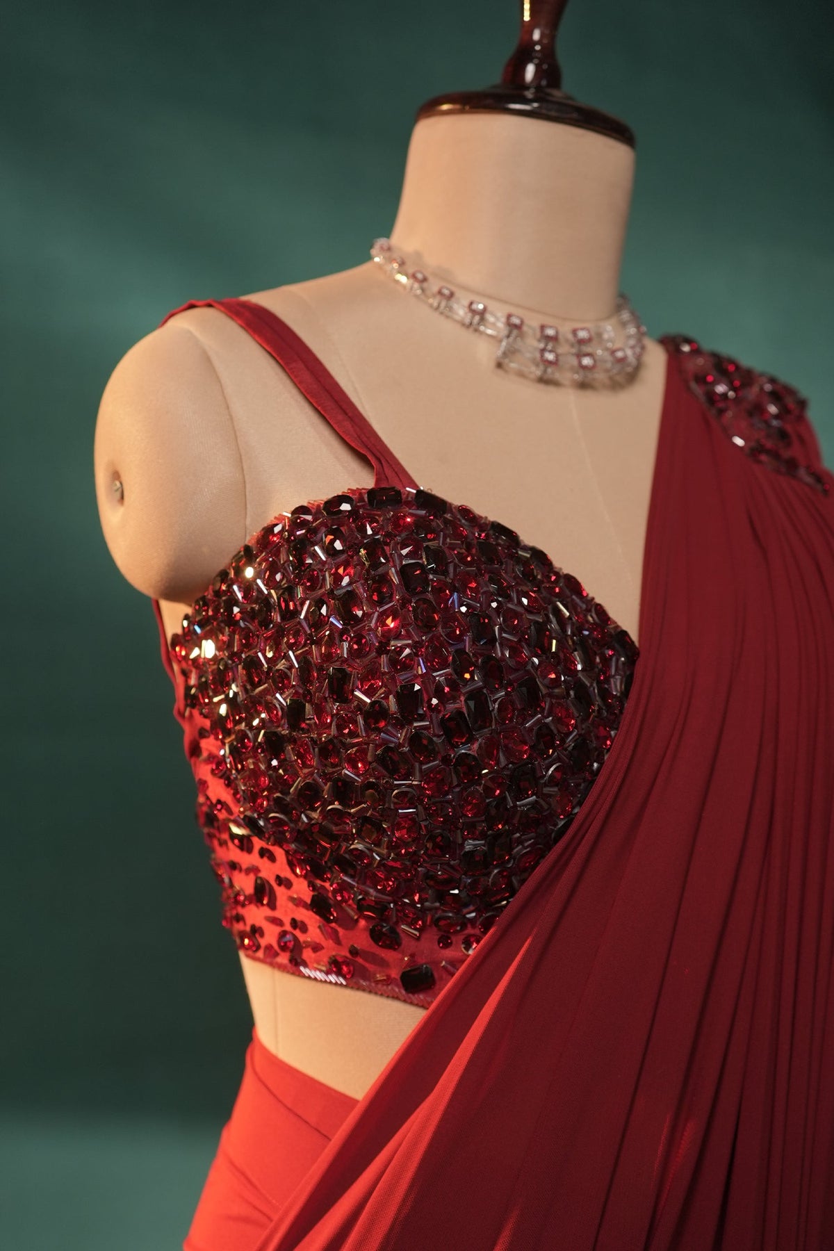 Red Lycra Net Pre Draped Saree with Embellished Blouse - red net saree