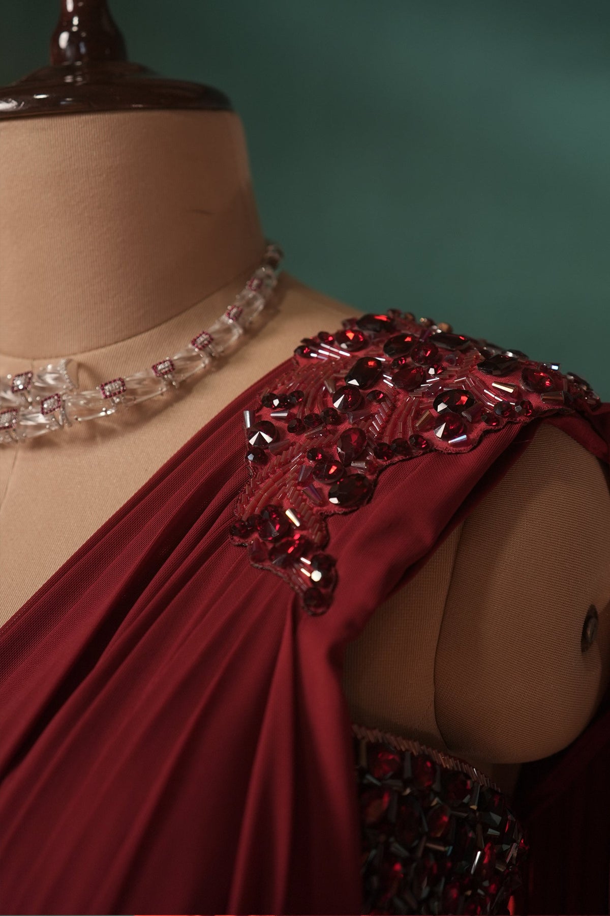 Red Lycra Net Pre Draped Saree with Embellished Blouse - red net saree