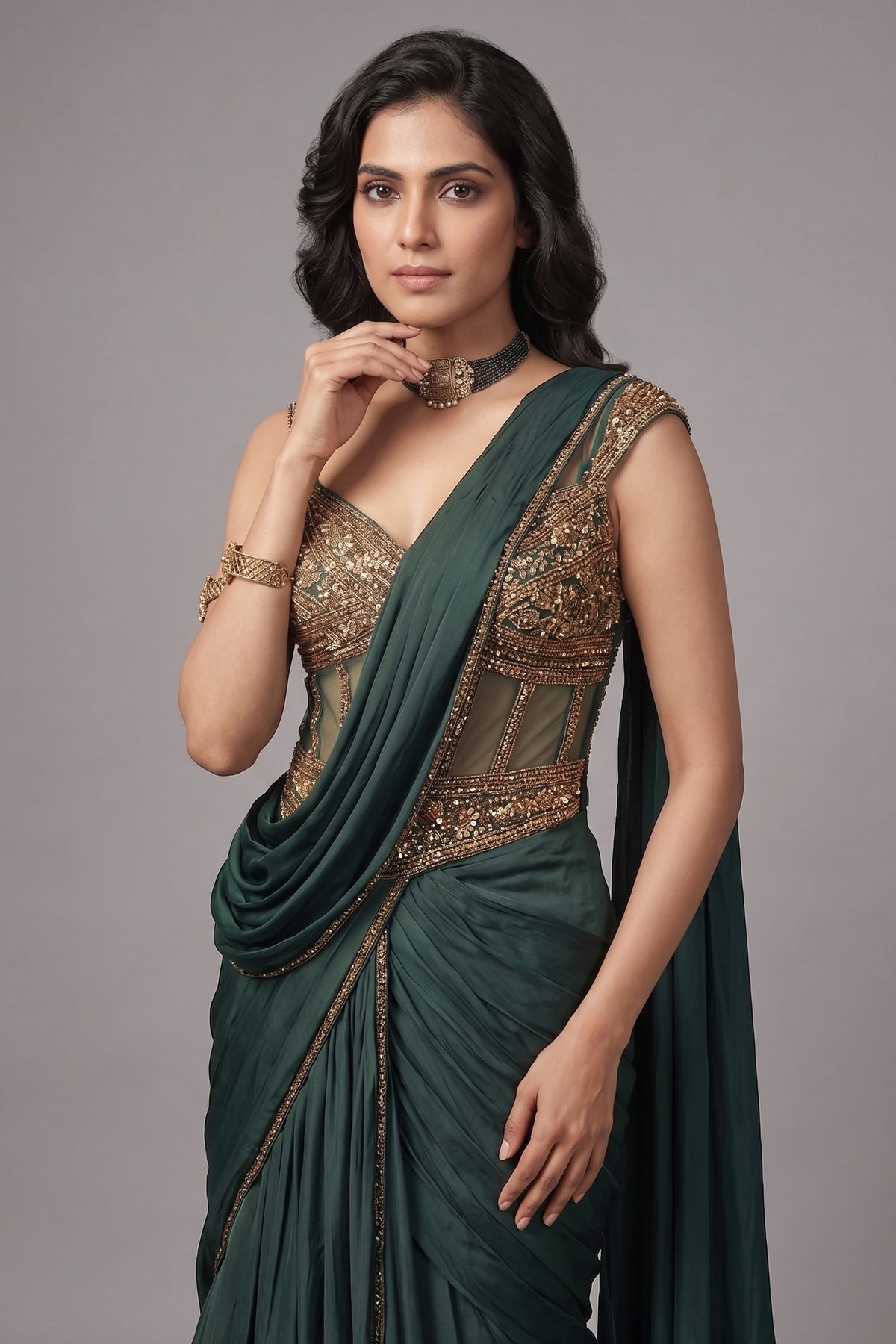 Bottle Green Crepe Satin Silk Pre Draped Lehenga Style Saree with Embellished Corset - green silk saree