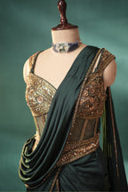 Bottle Green Crepe Satin Silk Pre Draped Lehenga Style Saree with Embellished Corset - green silk saree