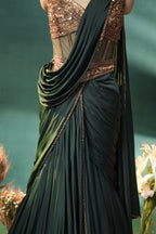 Bottle Green Crepe Satin Silk Pre Draped Lehenga Style Saree with Embellished Corset - green silk saree