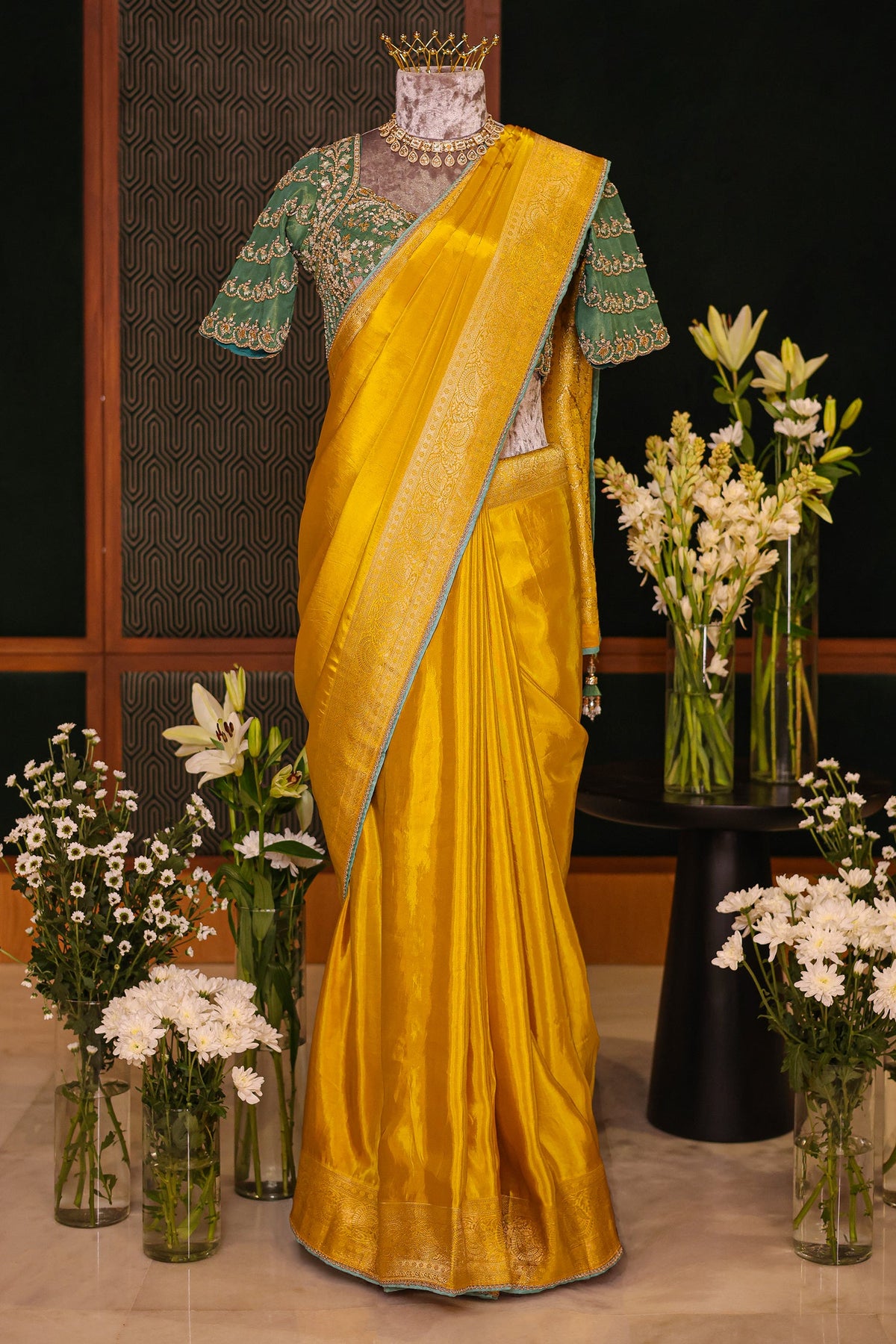 Yellow Dola Silk Woven Saree with Contrast Sequin Beaded Readymade Blouse