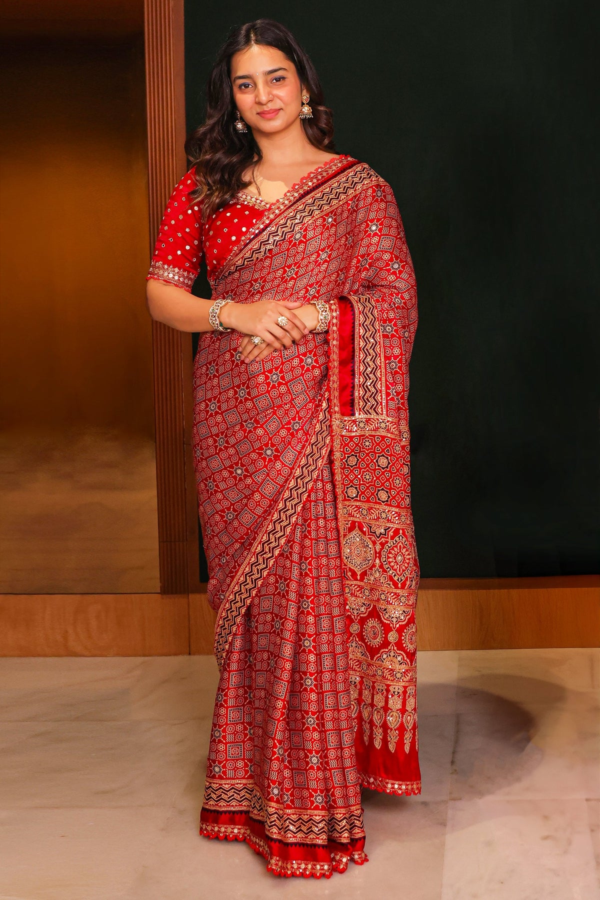 Red Modal Silk Ajrakh Printed Saree with Applique and Readymade Blouse - red silk saree