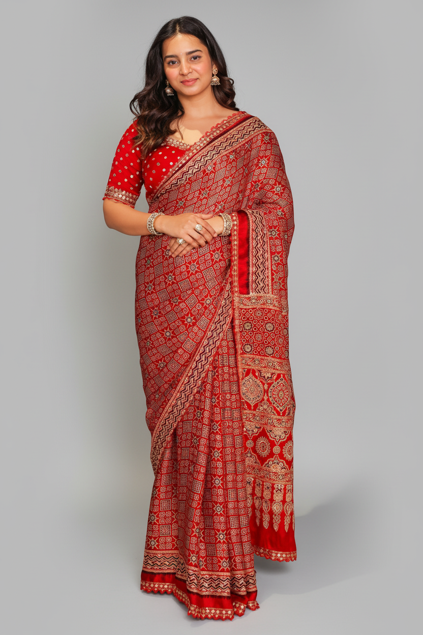 Red Modal Silk Ajrakh Printed Saree with Applique and Readymade Blouse - red silk saree Main image