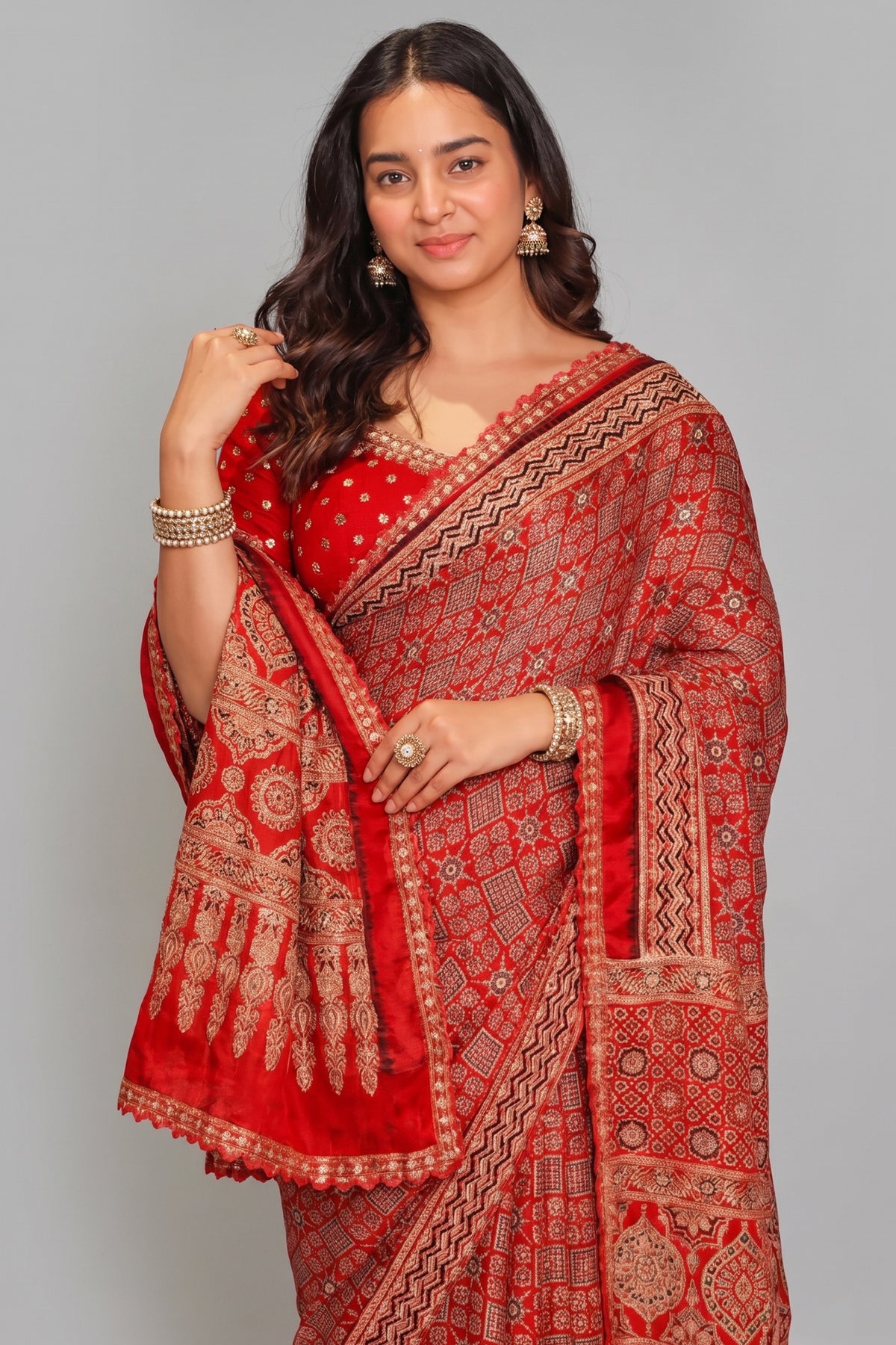 Red Modal Silk Ajrakh Printed Saree with Applique and Readymade Blouse - red silk saree