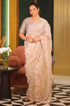 Beige Tissue Organza Gota Patti Worked Saree with Scallop Border - beige organza saree