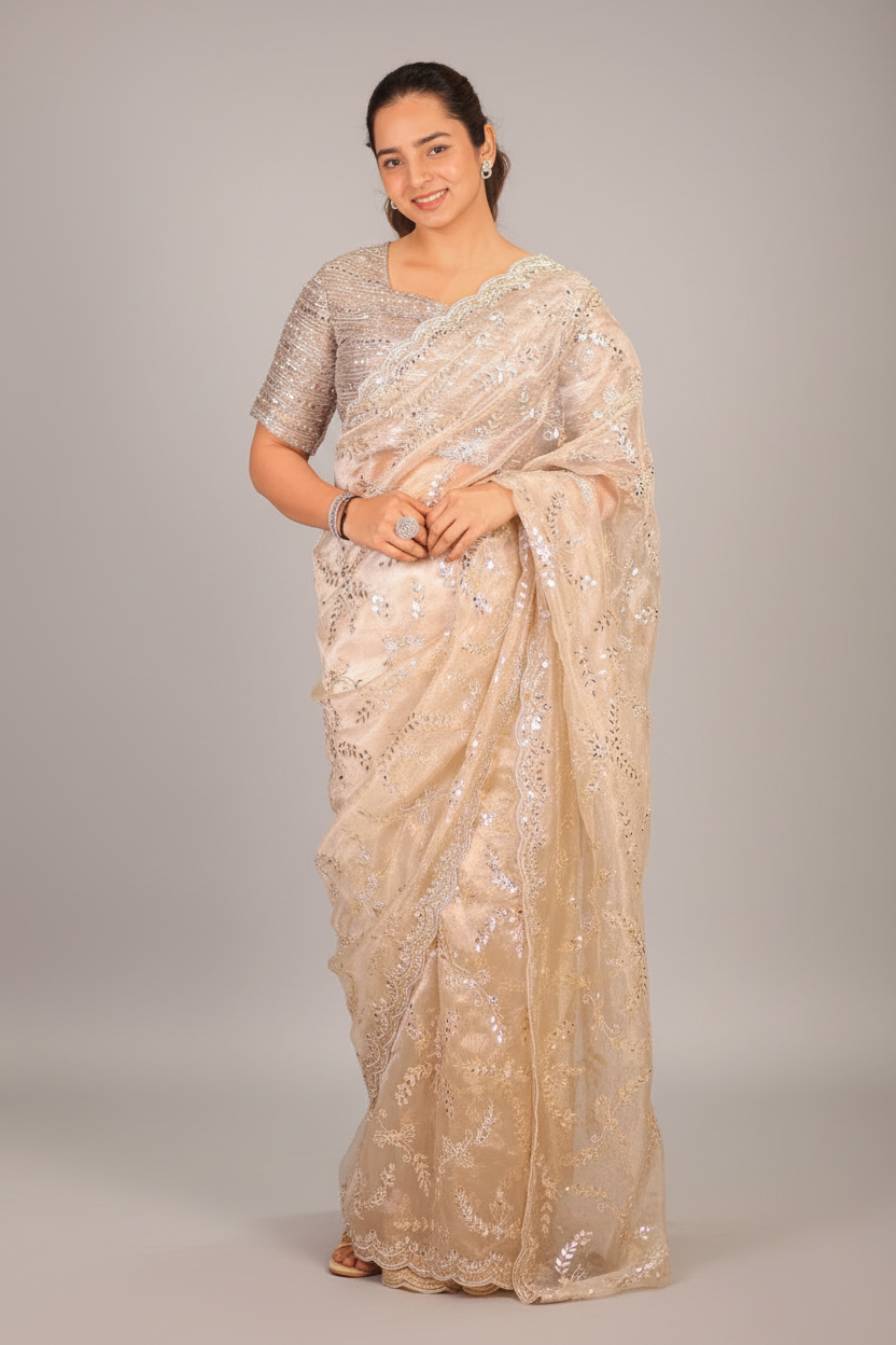 Beige Tissue Organza Gota Patti Worked Saree with Scallop Border - beige organza saree