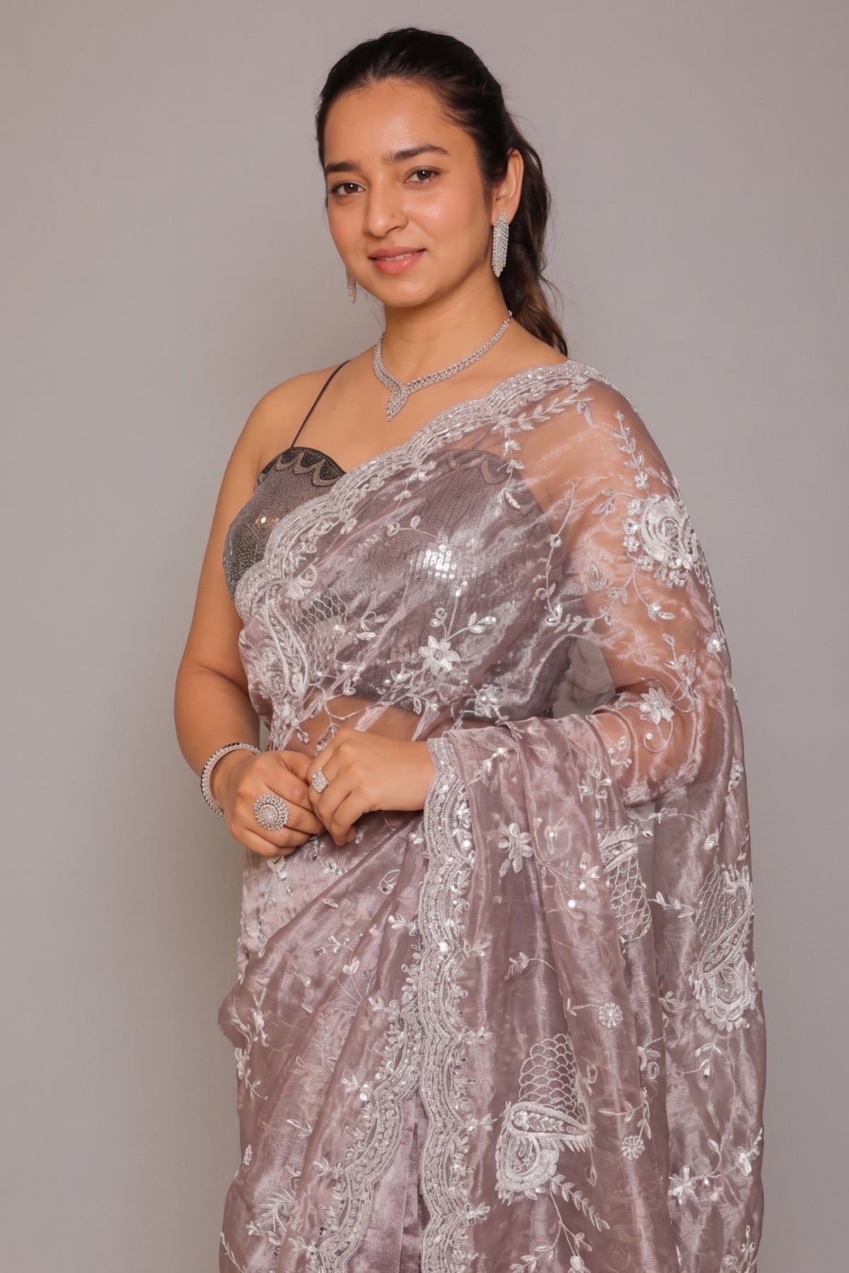 Metallic Lavender Sheen Tissue Organza Gota and Mirror worked Saree - lavender organza saree