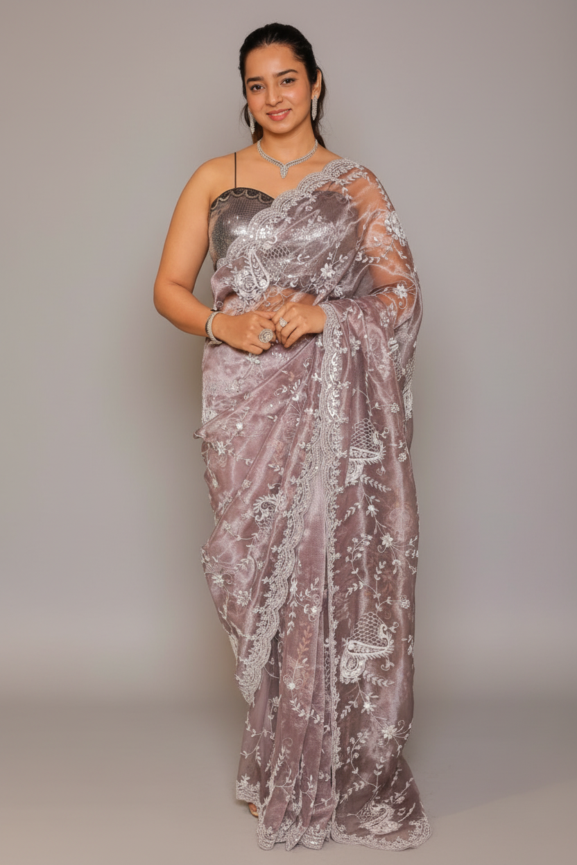 Metallic Lavender Sheen Tissue Organza Gota and Mirror worked Saree