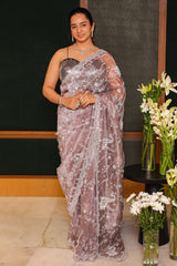 Metallic Lavender Sheen Tissue Organza Gota and Mirror worked Saree