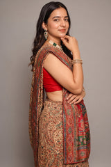 Cream and Multi Colored Pashmina Printed Dola Silk Saree with Cutdana Work - red silk saree