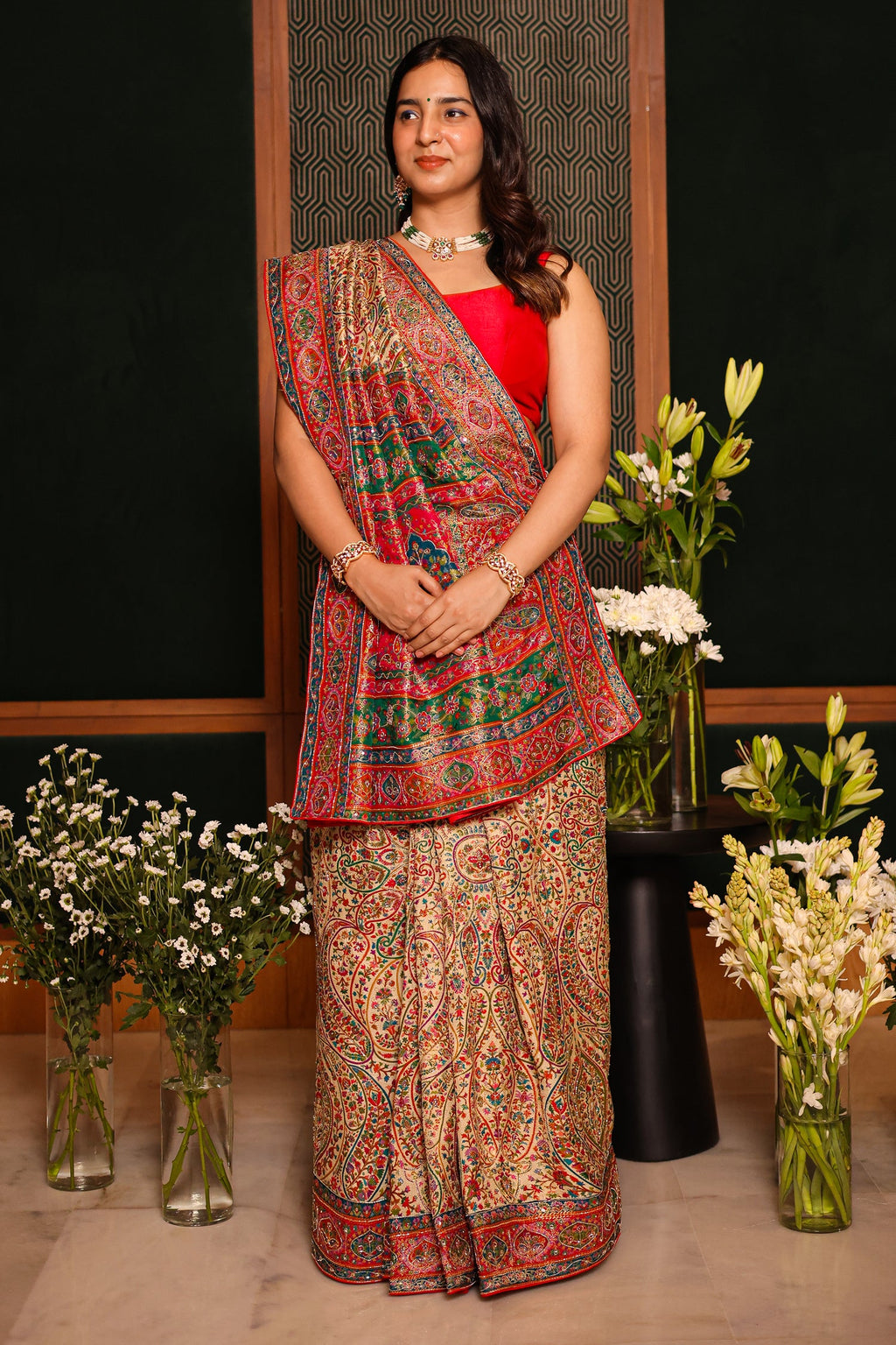 Cream and Multi Colored Pashmina Printed Dola Silk Saree with Cutdana Work - red silk saree