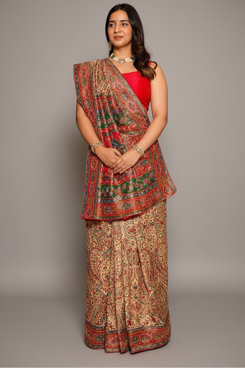 Cream and Multi Colored Pashmina Printed Dola Silk Saree with Cutdana Work - red silk saree