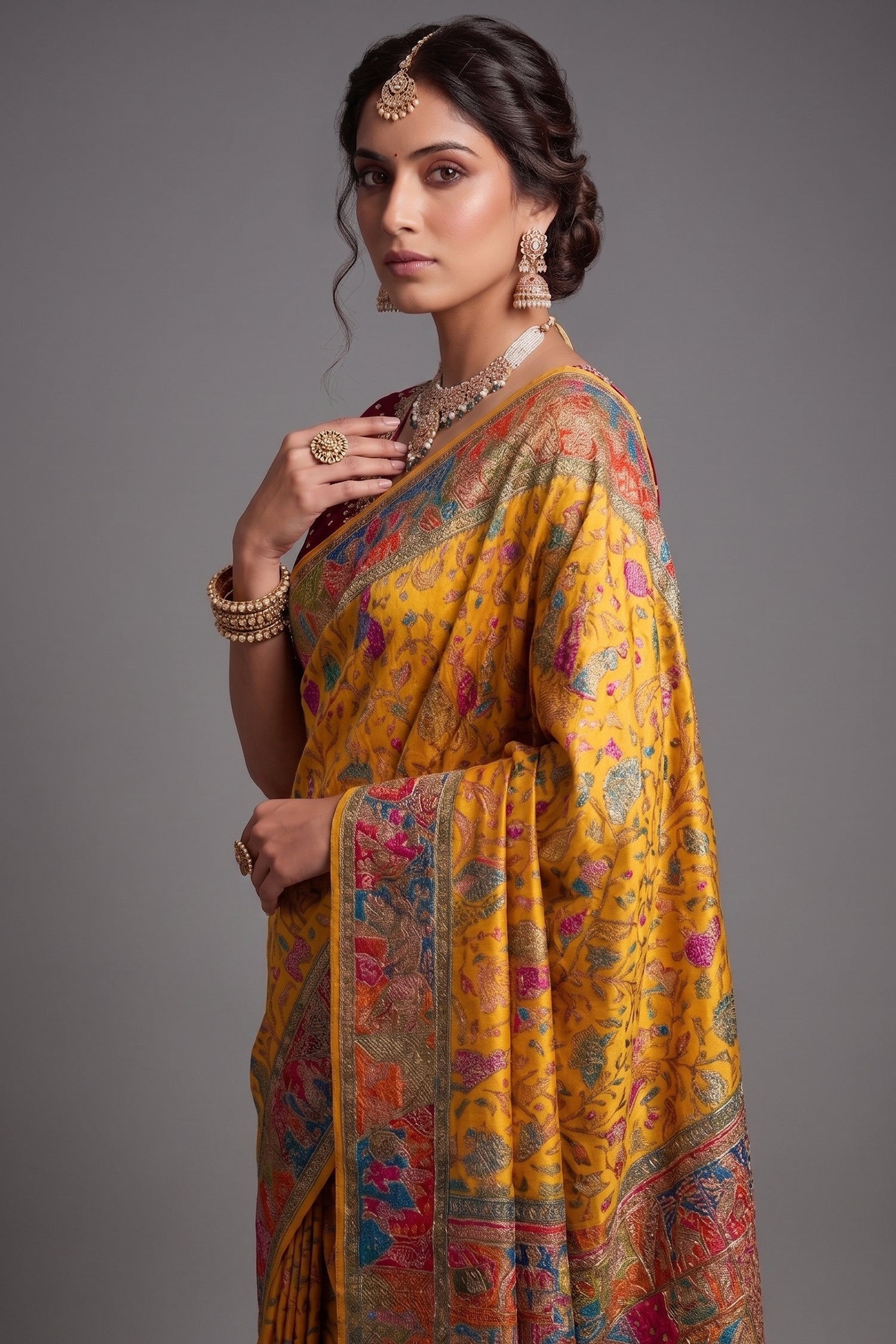 Yellow Dola Silk Pashmina Printed Saree with Cutdana Mirror and Pearl Work - yellow silk saree