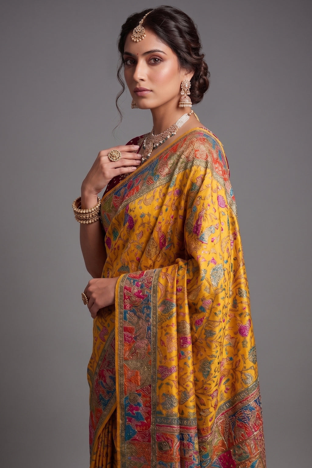 Yellow Dola Silk Pashmina Printed Saree with Cutdana Mirror and Pearl Work - yellow silk saree