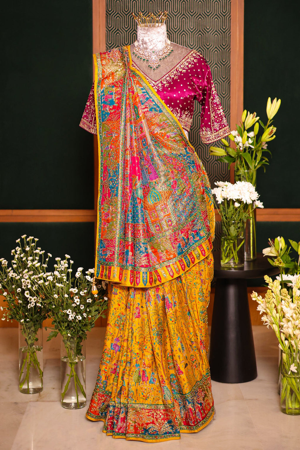 Yellow Dola Silk Pashmina Printed Saree with Cutdana Mirror and Pearl Work - yellow silk saree