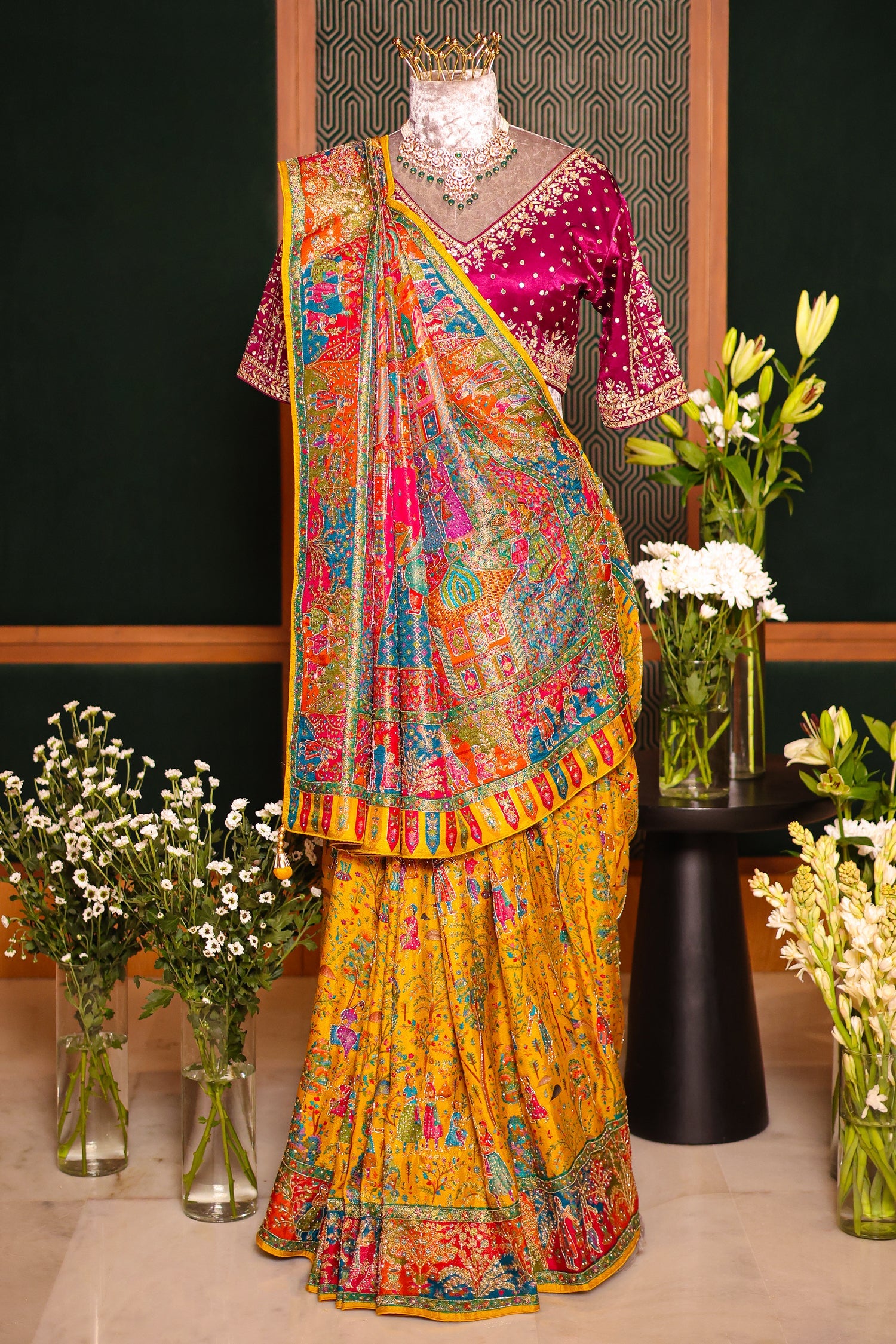 Yellow Dola Silk Pashmina Printed Saree with Cutdana Mirror and Pearl Work - yellow silk saree
