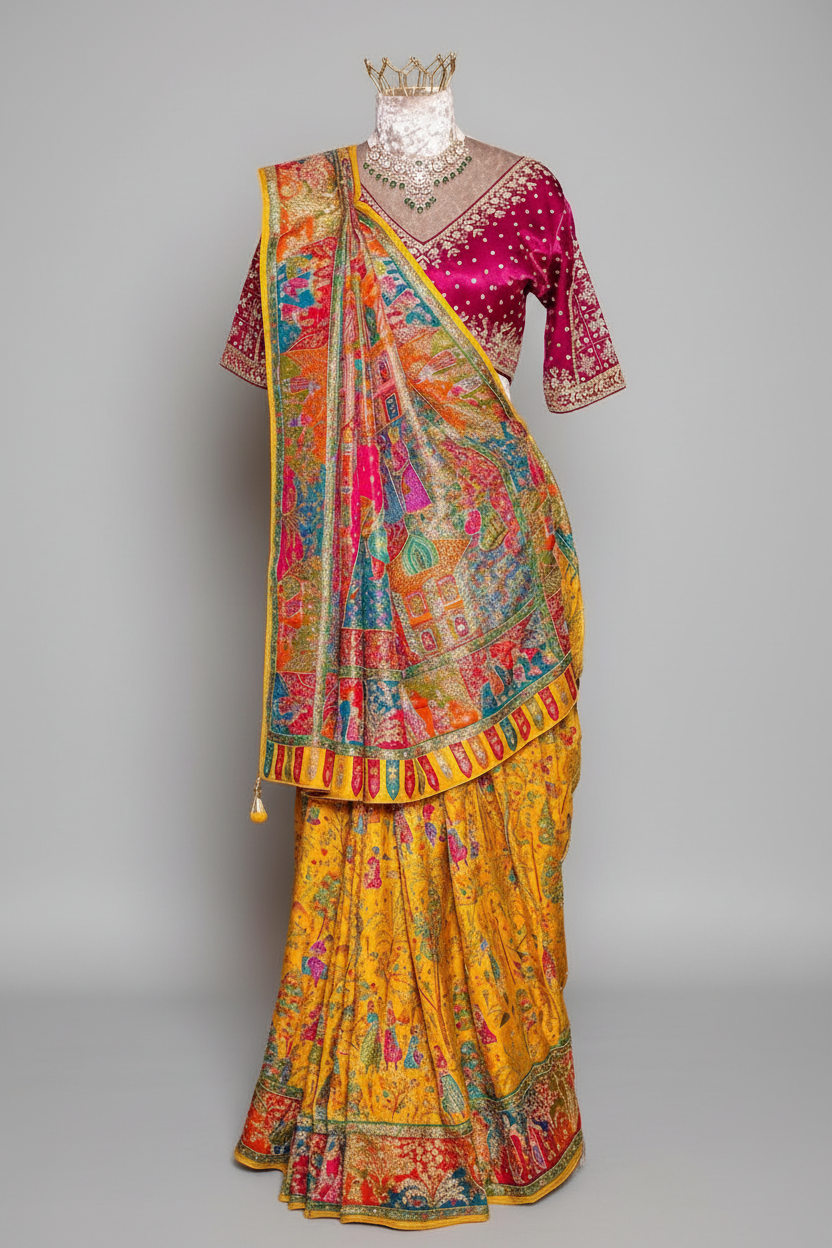 Yellow Dola Silk Pashmina Printed Saree with Cutdana Mirror and Pearl Work