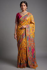 Yellow Dola Silk Pashmina Printed Saree with Cutdana Mirror and Pearl Work - yellow silk saree