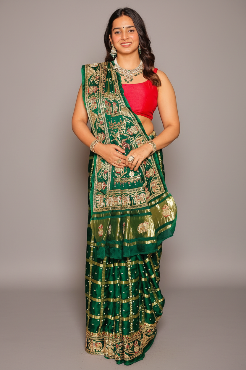 Green Gaji Silk Traditional Gharchola Saree with Zardosi Work - green silk saree Main image