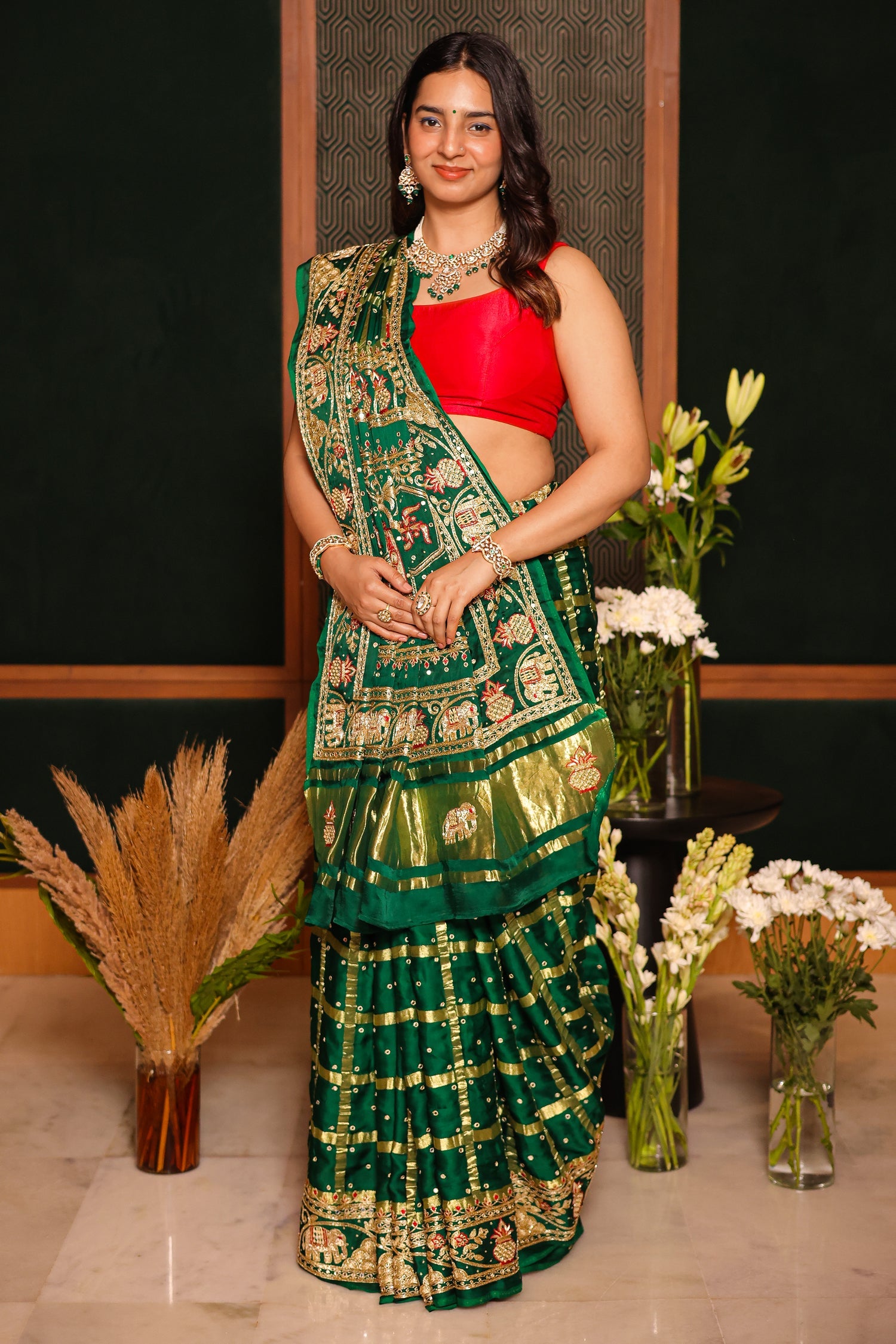 Green Gaji Silk Traditional Gharchola Saree with Zardosi Work - green silk saree