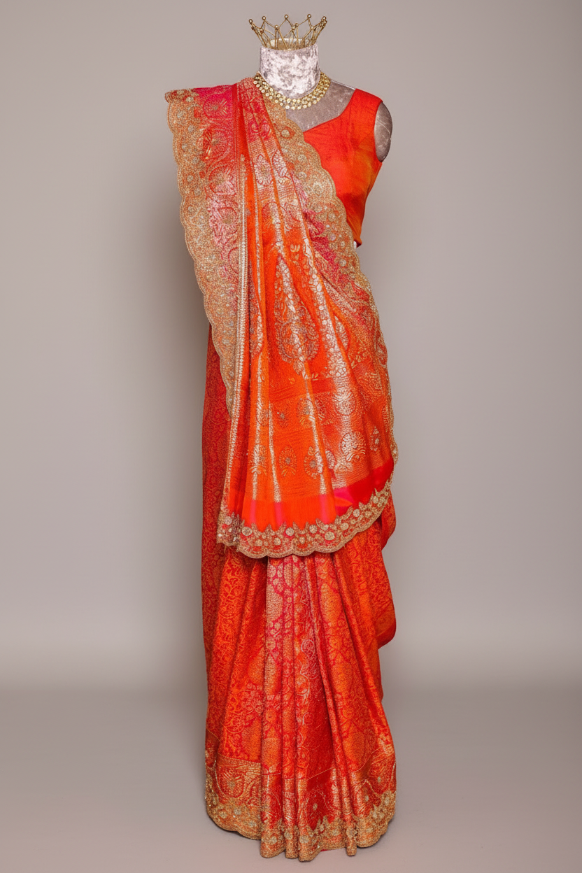 Rust Orange Kanchipuram Tissue Traditional Woven Saree with Zardosi and Cutdana Work