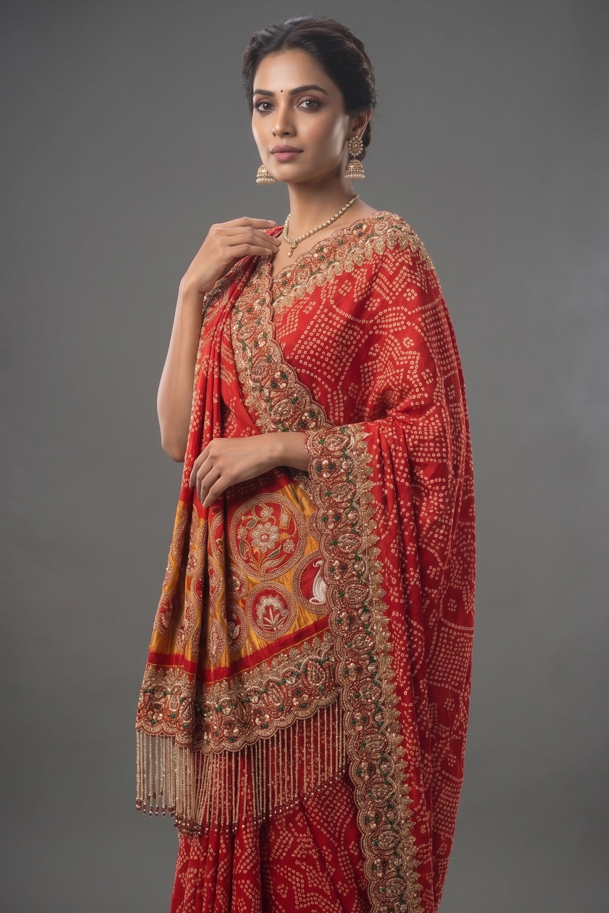 Red Gaji Silk Bandhej Traditional Saree with Handwork and Beaded Frindges Lace - red silk saree bandhej