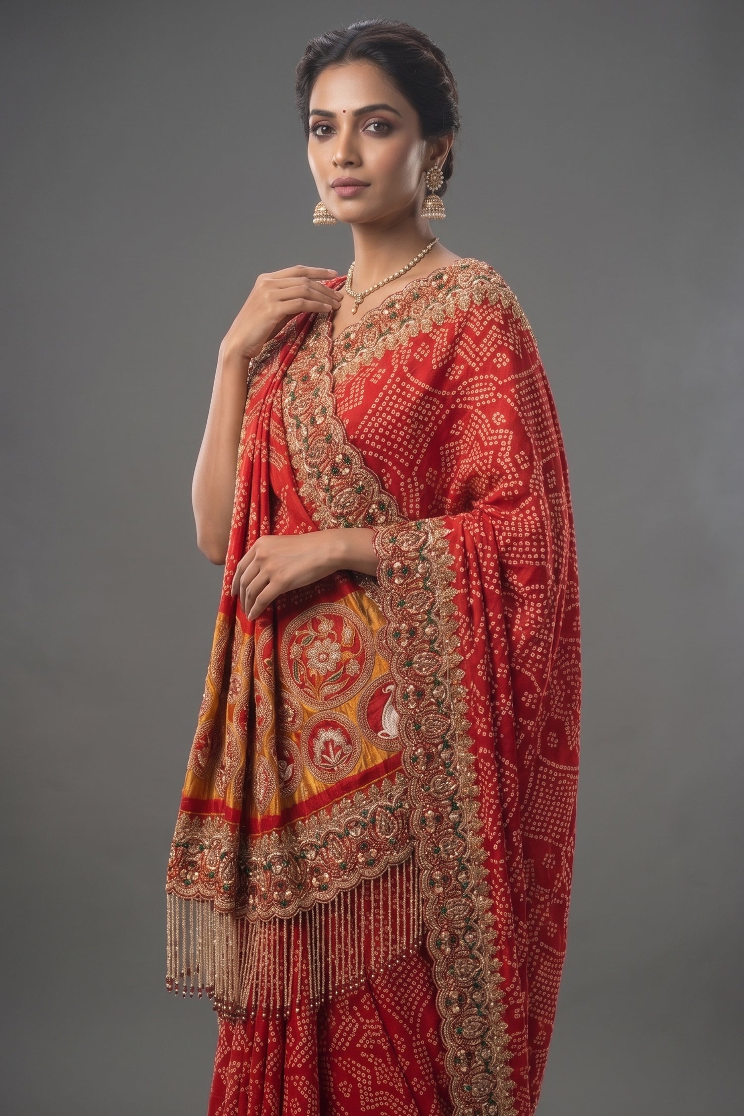 Red Gaji Silk Bandhej Traditional Saree with Handwork and Beaded Frindges Lace - red silk saree bandhej