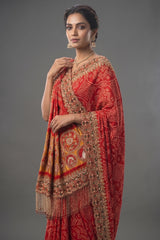 Red Gaji Silk Bandhej Traditional Saree with Handwork and Beaded Frindges Lace