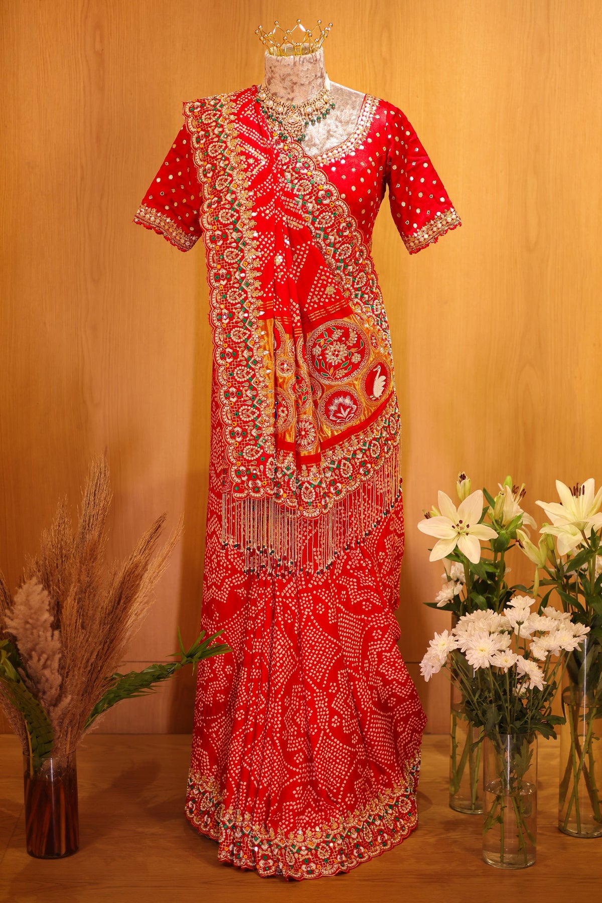 Red Gaji Silk Bandhej Traditional Saree with Handwork and Beaded Frindges Lace - red silk saree bandhej
