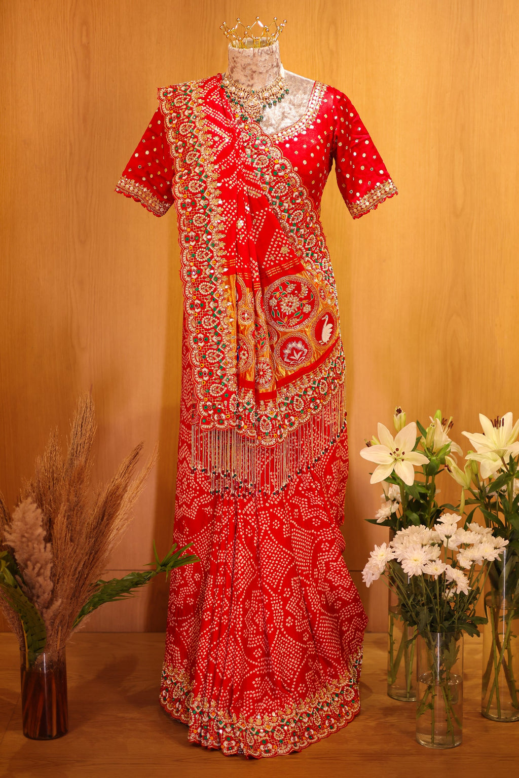 Red Gaji Silk Bandhej Traditional Saree with Handwork and Beaded Frindges Lace - red silk saree bandhej