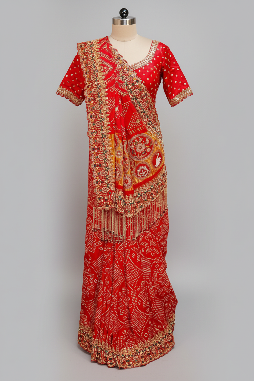 Red Gaji Silk Bandhej Traditional Saree with Handwork and Beaded Frindges Lace