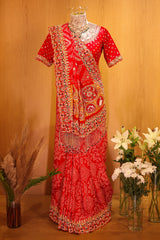 Red Gaji Silk Bandhej Traditional Saree with Handwork and Beaded Frindges Lace