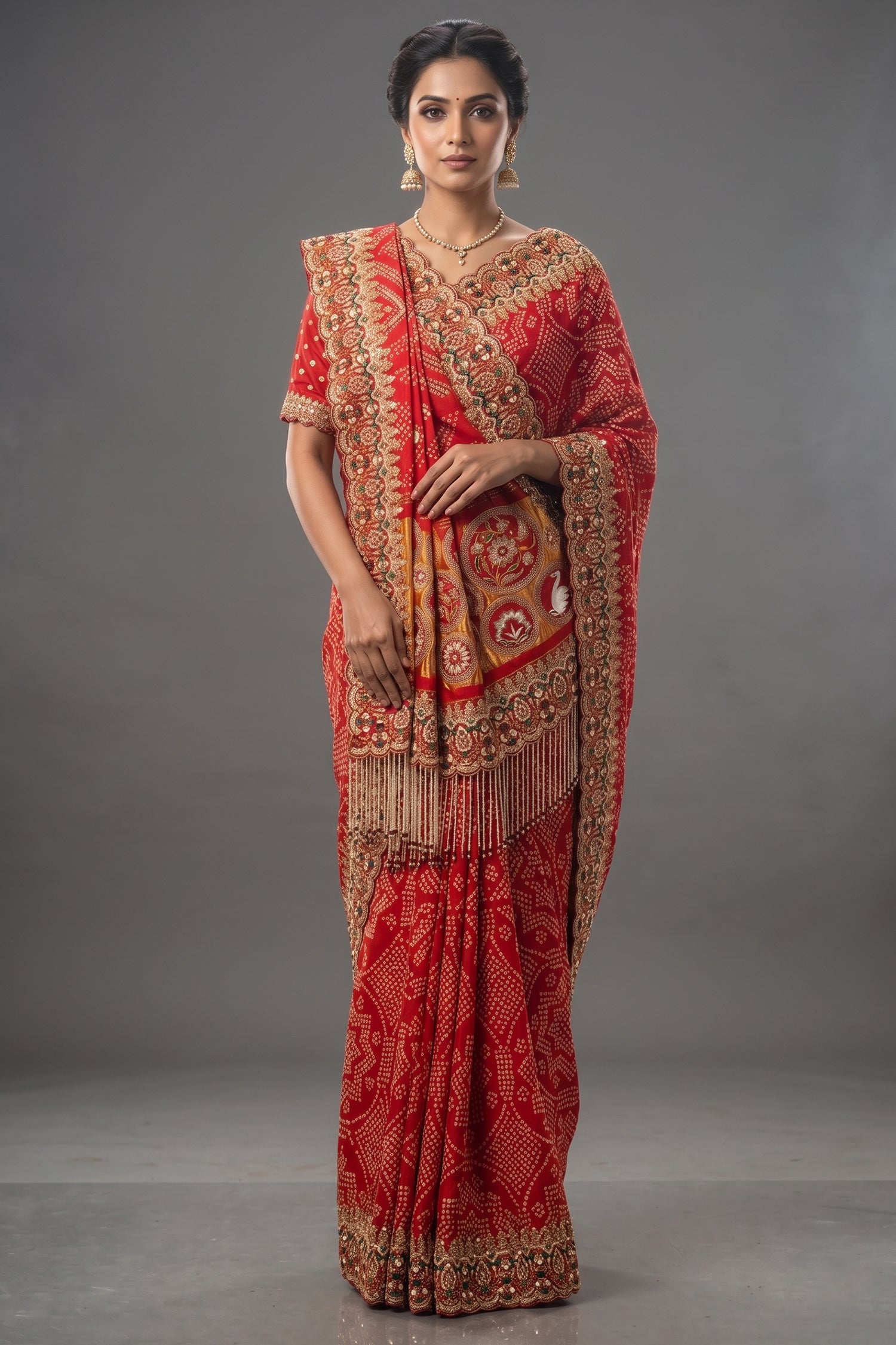 Red Gaji Silk Bandhej Traditional Saree with Handwork and Beaded Frindges Lace - red silk saree bandhej