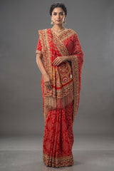 Red Gaji Silk Bandhej Traditional Saree with Handwork and Beaded Frindges Lace