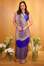 Blue Georgette Traditional Checks Bandhej Saree with Handwork - blue georgette saree bandhej
