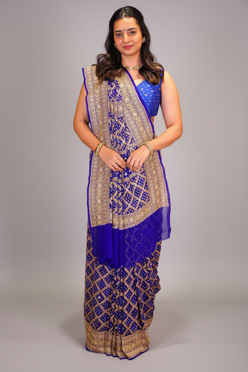 Blue Georgette Traditional Checks Bandhej Saree with Handwork - blue georgette saree bandhej Main image