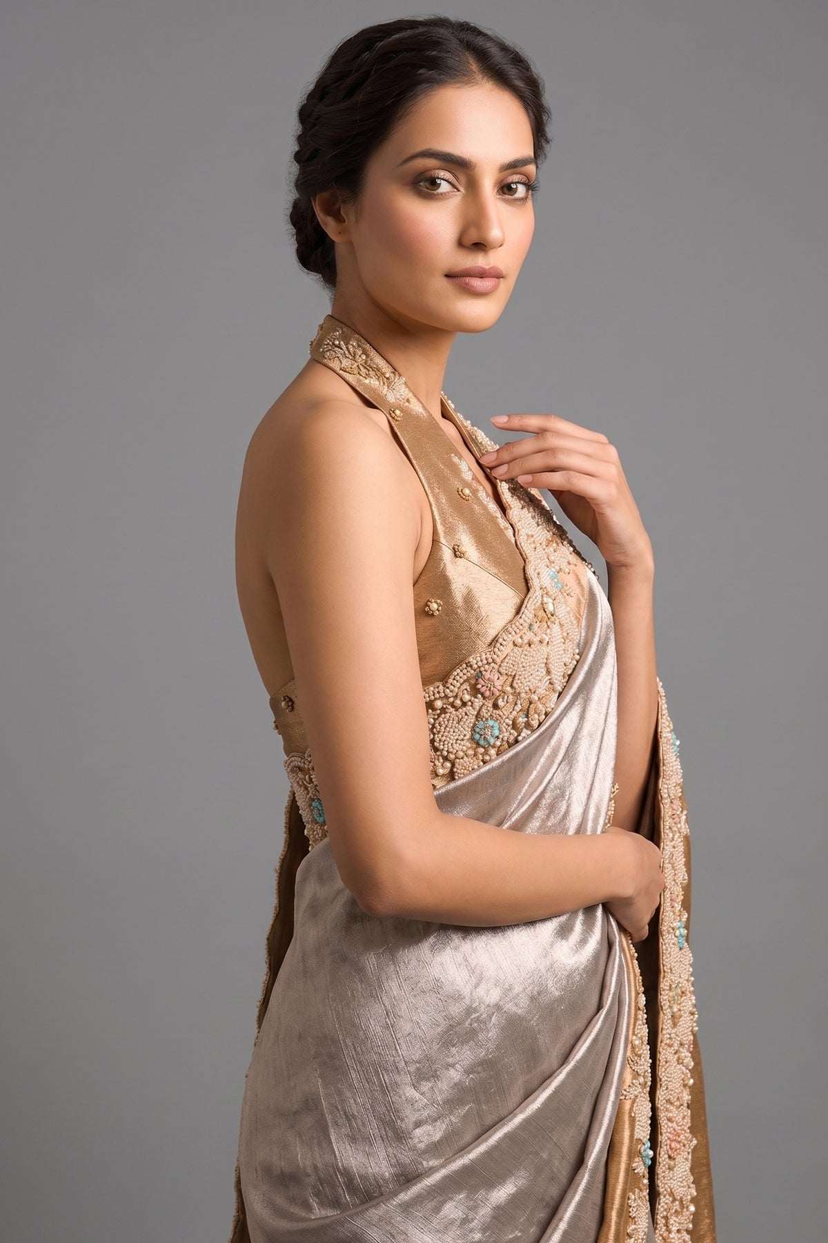 Silver Tissue Saree with Contrast Border and Cutdana Beaded Work - silver saree