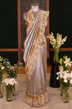 Silver Tissue Saree with Contrast Border and Cutdana Beaded Work - silver saree