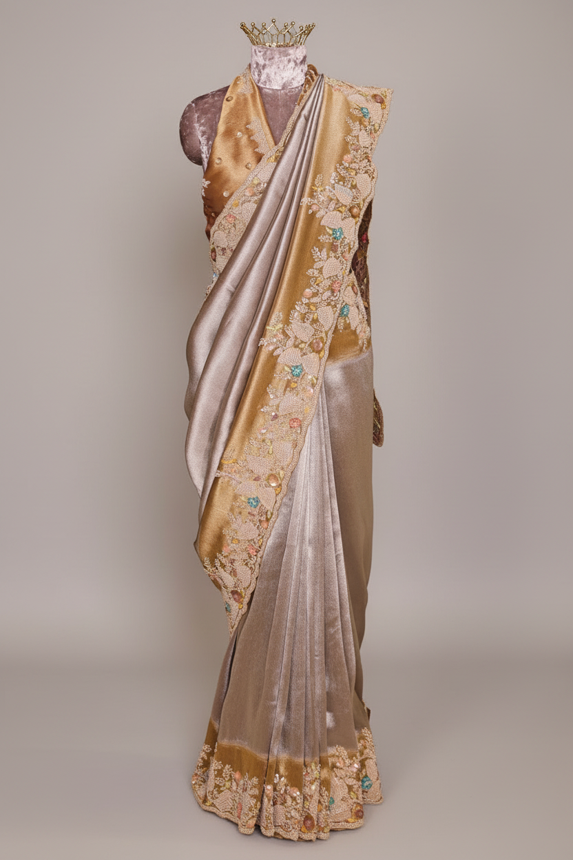 Silver Tissue Saree with Contrast Border and Cutdana Beaded Work - silver saree