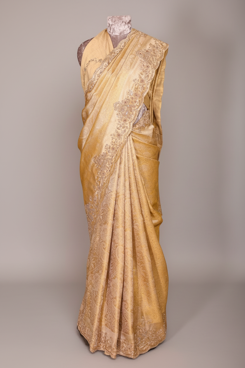 Golden Kanchipuram Tissue Silk traditional All Over Woven Saree with Zardosi Work Border - gold silk saree