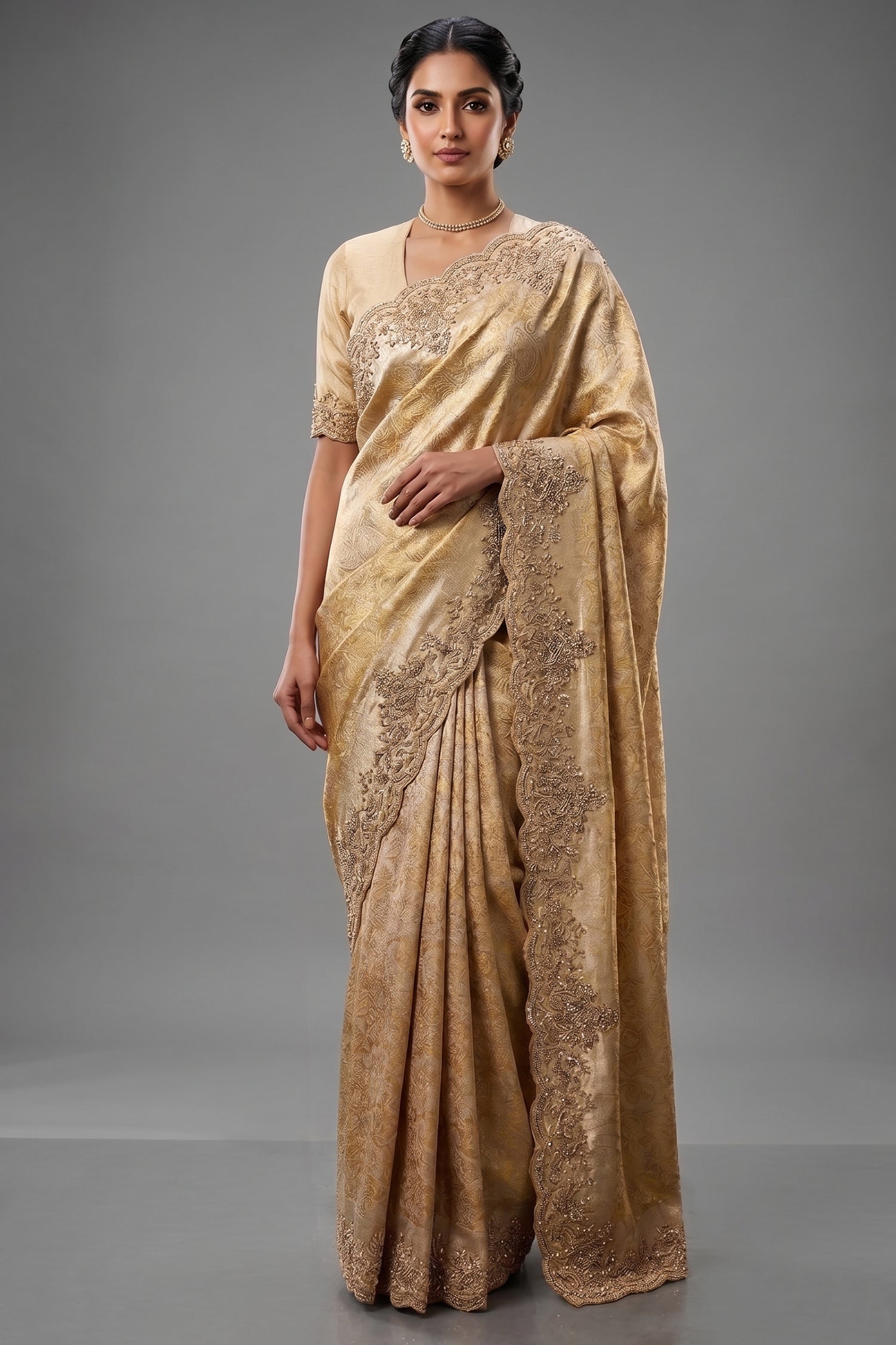 Golden Kanchipuram Tissue Silk traditional All Over Woven Saree with Zardosi Work Border - gold silk saree