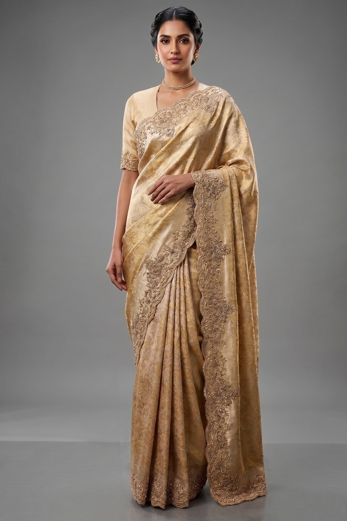 Golden Kanchipuram Tissue Silk traditional All Over Woven Saree with Zardosi Work Border - gold silk saree