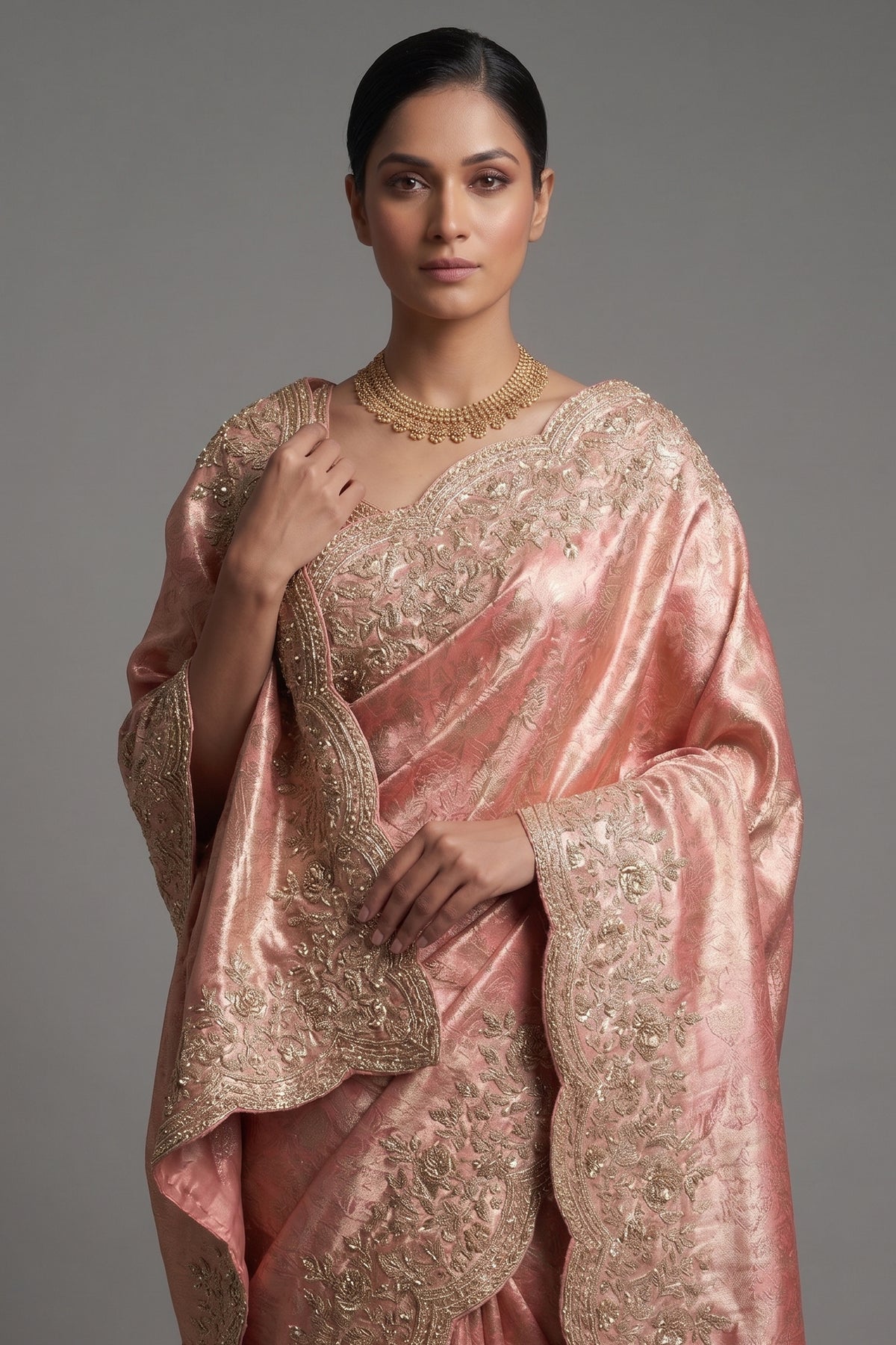 Light Pink Kanchipuram Tissue Traditional Woven Saree with Zardosi Work - pink saree