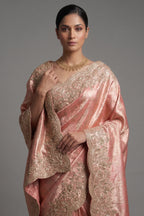 Light Pink Kanchipuram Tissue Traditional Woven Saree with Zardosi Work - pink saree